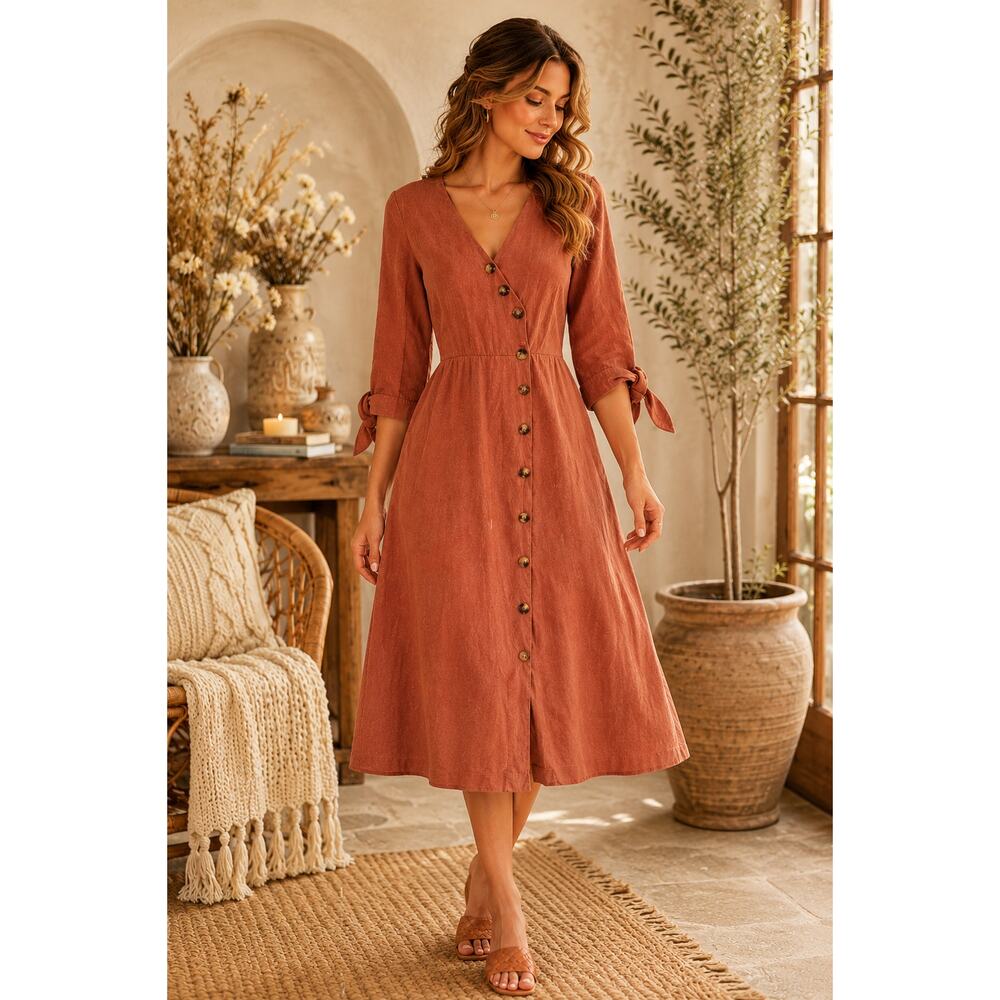 Hayden Los Angeles Rust Midi Dress Boho Prairie Cottagecore Size M